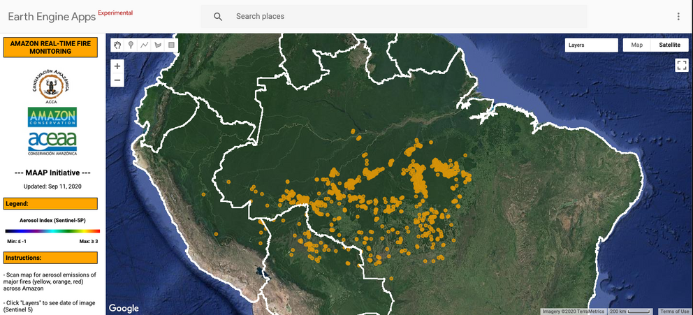 MAAP’s novel Real-time Amazon Fire Monitoring app shows major fires as of Sept 10, 2020. shows major fires as of Sept 10, 2020.