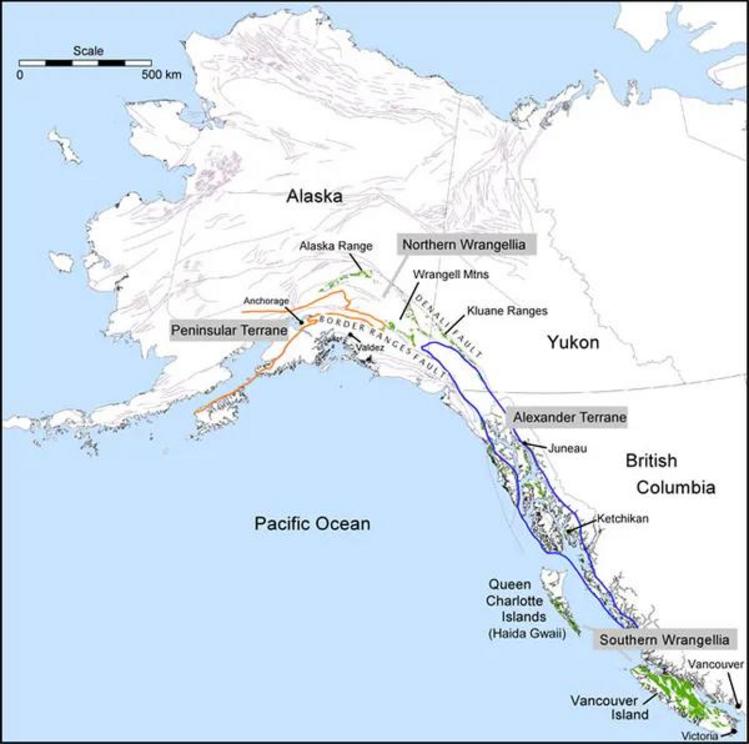 Map showing the distribution of Wrangellia flood basalts in Alaska, Yukon and British Columbia.