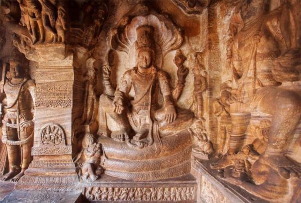 This Stone Shiva in the historic caves in Badami, India, is an example of 6 th century temple artwork found within the Badami Chalukya architecture.