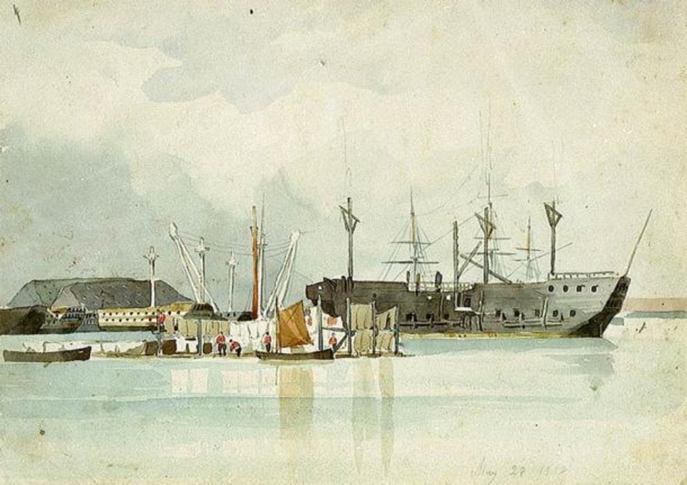 Due to the overcrowding of British prisons, overrun with convicts and prisoners of war, many vessels were refitted and converted into prison ships. Captain George Pechell Mends drew this depiction of a prison hulk anchored to Deadman’s Island in 1838.