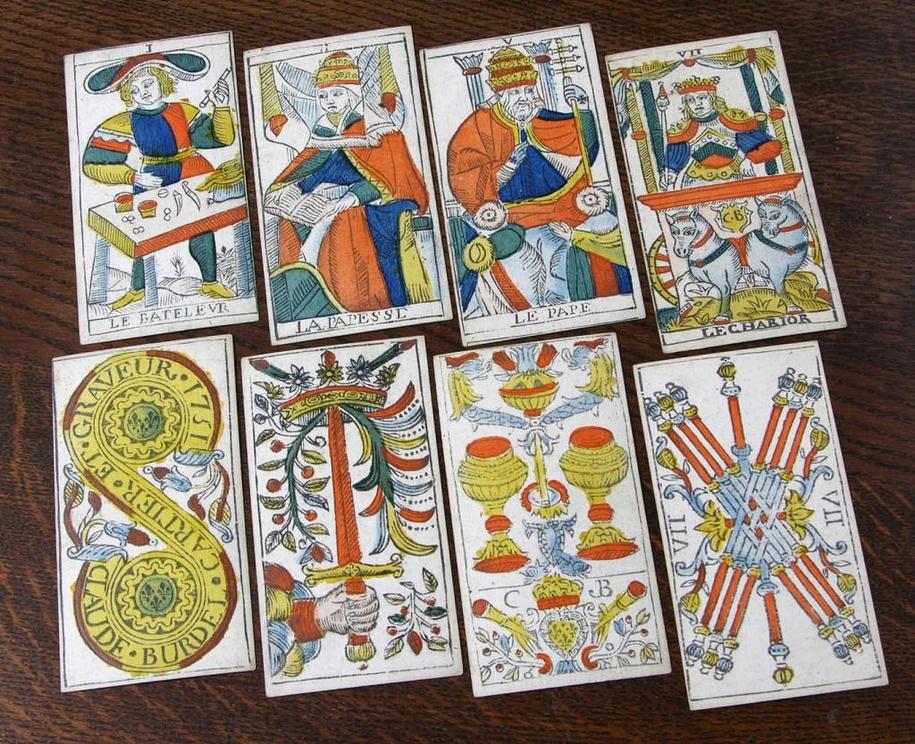 This woodblock version of the classic Tarot de Marseille was published around 1751 by Claude Burdel.