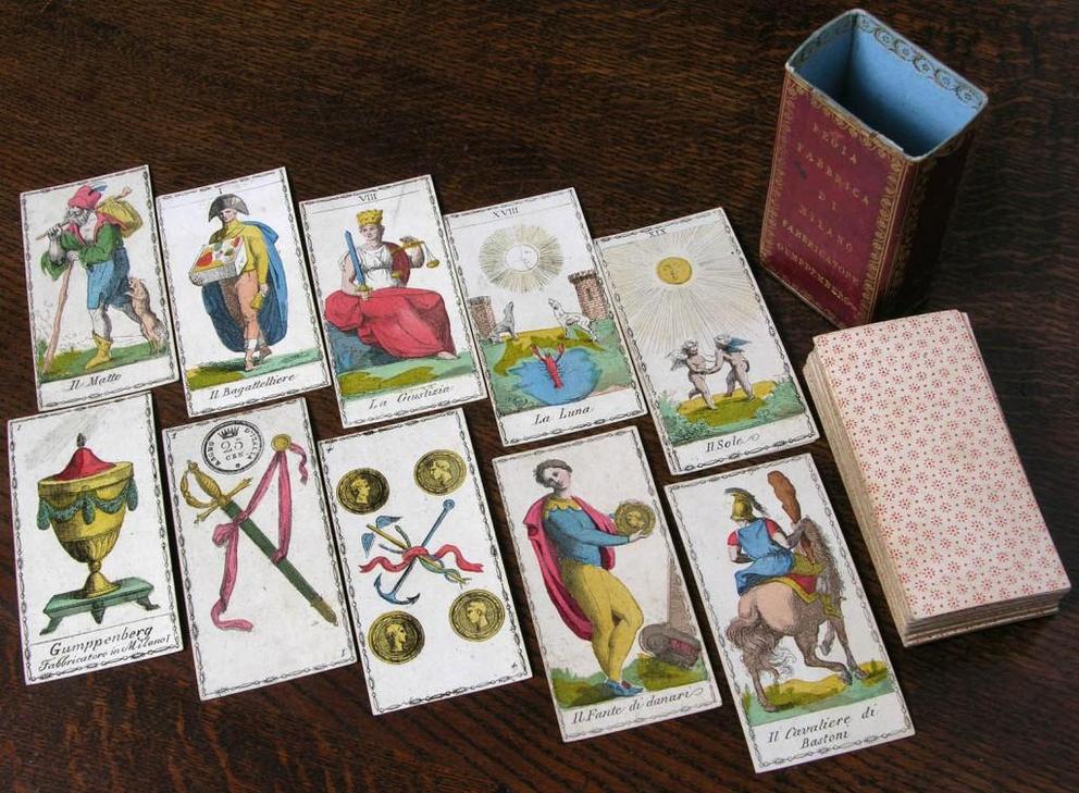 A hand-colored set of tarot cards produced by F. Gumppenberg, circa 1810.