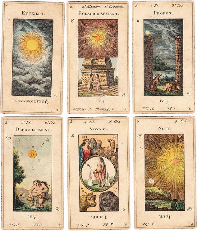A few of the cards from Etteilla’s esoteric deck, reproduced by Grimaud in 1890.