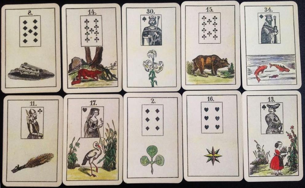 One of Matthews’ favorite decks is the Lenormand published by Bernd A. Mertz in 2004 based on a design circa 1840.