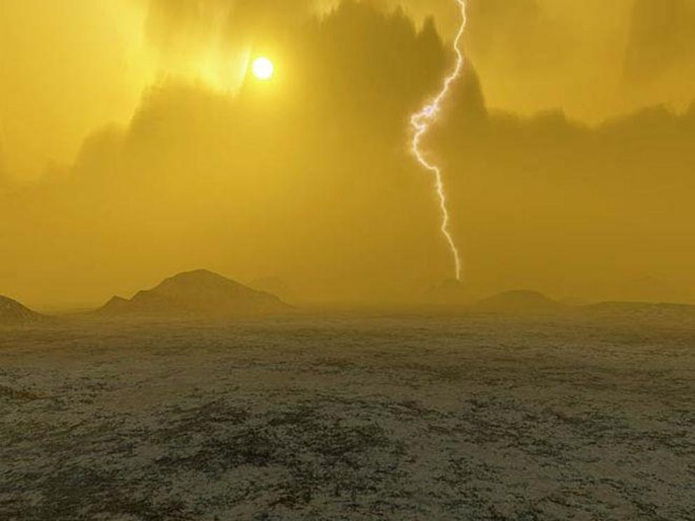 An artist’s impression of the surface of Venus, showing its lightning storms and a volcano in the distance.