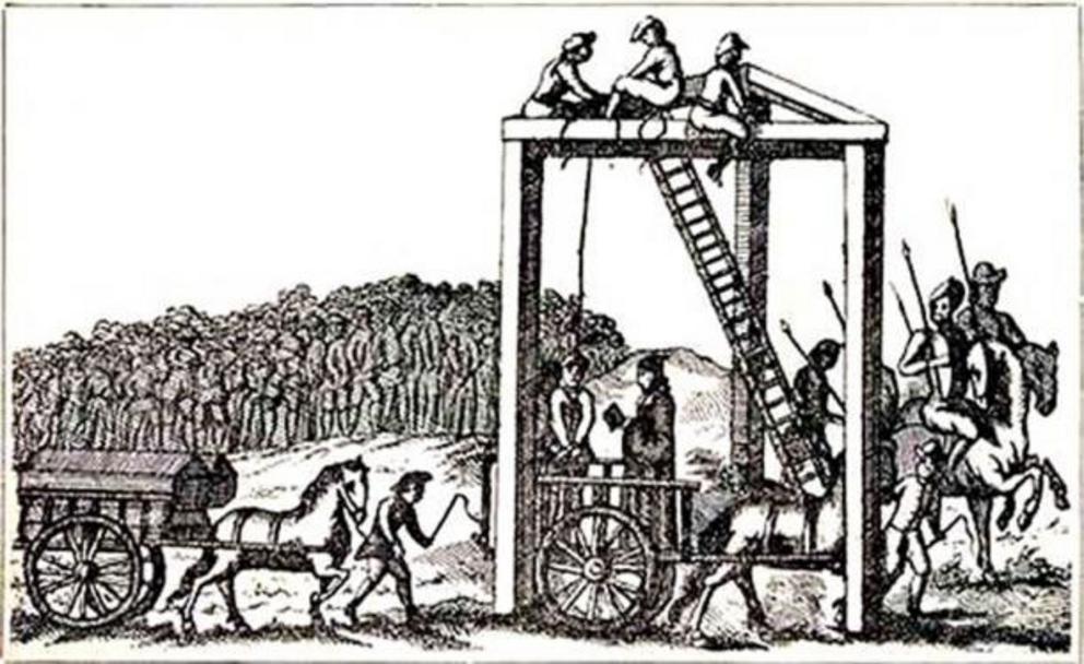 An illustration, said to be from about 1680, of the permanent gallows at Tyburn.