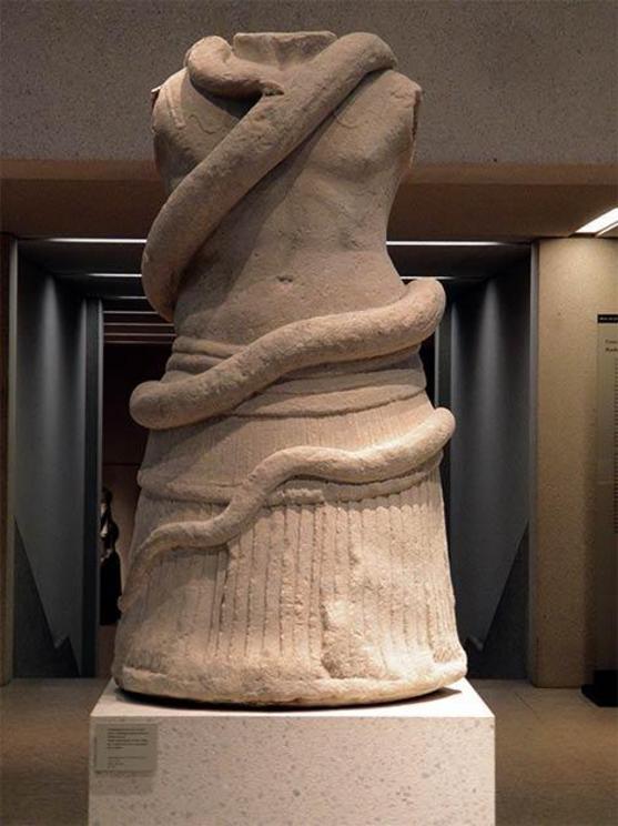 A tomb monument in the shape of a torso entwined by a snake, 1st century BC, Milet southwestern Turkey, which clearly links the snake with funerary practices in the Graeco-Roman period of Turkey, as the Greek snake altar of Patara does.