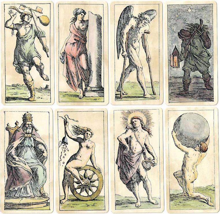 Trump cards from the Tarrocchini Bolognese designed by Giuseppe Maria Mitelli, circa 1664.