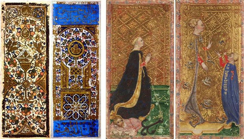 Two hand-painted Mamluk cards from Turkey (left) and two cards from the Visconti family deck (right), both circa 15th century.