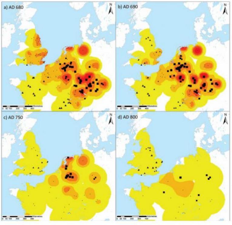 A ‘heat map’ of grave goods’ inclusion in burials over time, showing how they disappear from large parts of early Medieval Western Europe contemporaneously.