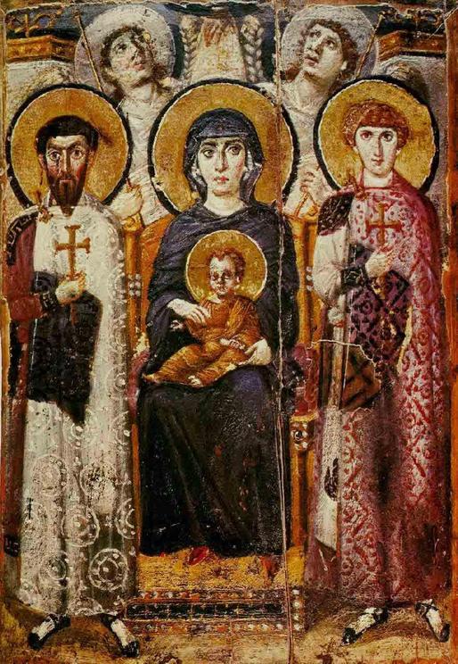 Icon of the enthroned Virgin Mary and Jesus surrounded by saints and angels from the 6th century AD, which is an especially important artwork at the Saint Catherine's Monastery in the Sinai.