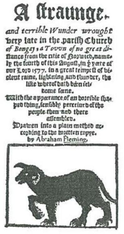 Title page of the account of Rev. Abraham Fleming's account of the appearance of the ghostly black dog 