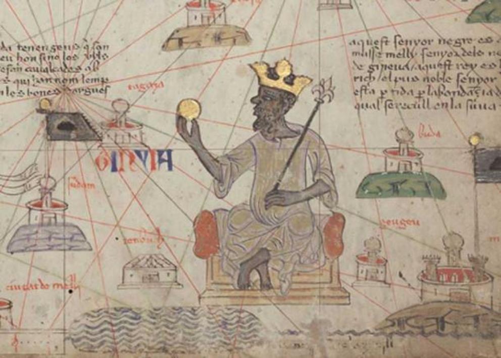 Musa depicted holding a gold coin from the 1375 Catalan Atlas.