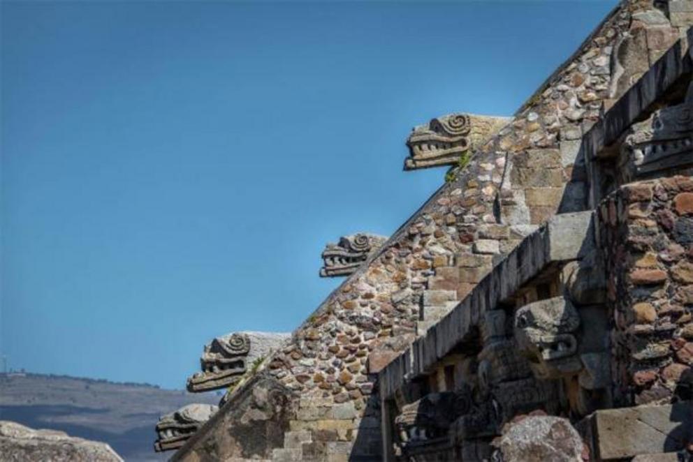 Carving details of Quetzalcoatl Pyramid at Teotihuacan Ruins in Mexico.