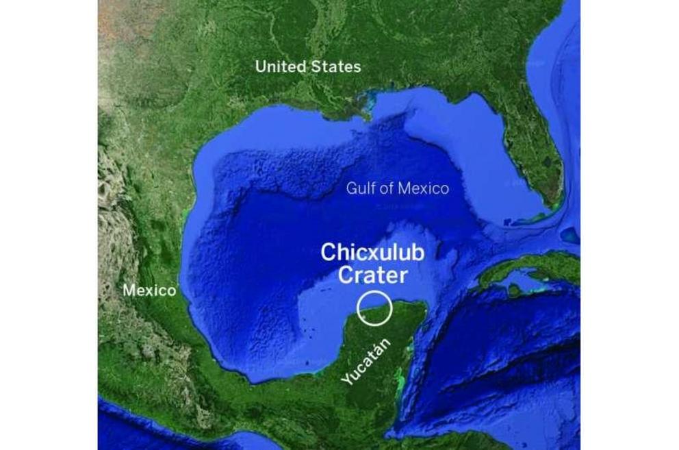 The crater left by the asteroid that wiped out the dinosaurs is located in the Yucatán Peninsula and is called Chicxulub after a nearby town. Part of the crater is offshore and part of it is on land. The crater is buried beneath many layers of rock and se