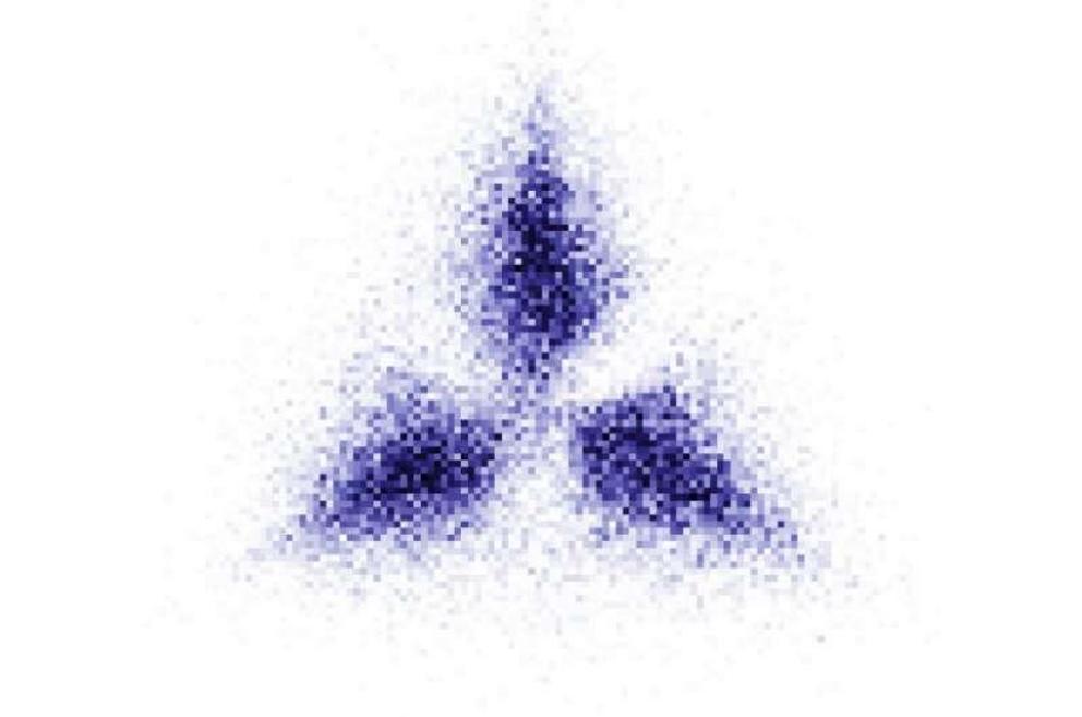 The Pauli crystal shows in which configuration three fermionic atoms align themselves in a two-dimensional harmonic trap most frequently. The strong correlations between the relative positions of the non-interacting particles are the result of the Pauli e