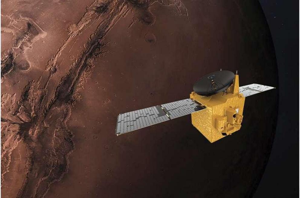This June 1, 2020 illustration provided by Mohammed Bin Rashid Space Centre depicts the United Arab Emirates' Hope Mars probe.