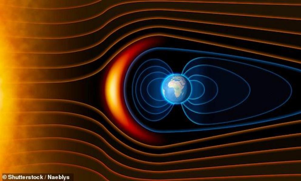 Preceding the flip was a weakening of the magnetic fields, causing electrical storms, crimson skies and lethal cosmic radiation that frazzled our early ancestors and the Earth's wildlife. Pictured, Earth's magnetic field, solar wind and the flow of partic