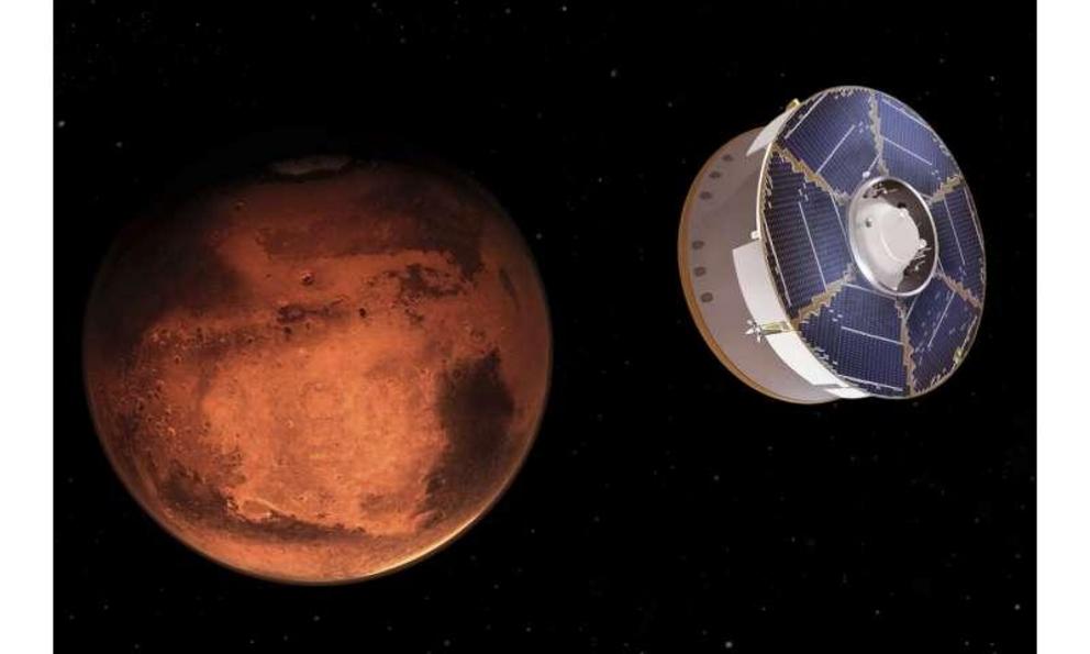 This illustration provided by NASA depicts the Mars 2020 spacecraft carrying the Perseverance rover as it approaches Mars. Perseverance's $3 billion mission is the first leg in a U.S.-European effort to bring Mars samples to Earth in the next decade.