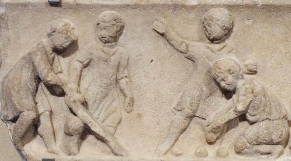 Children playing ball games, detail. Marble, Roman artwork of the second quarter of the 2nd century AD.
