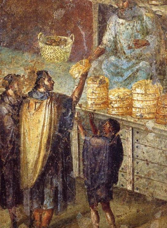 Sale of bread at a market stall. Roman fresco from the Praedia of Julia Felix in Pompeii.