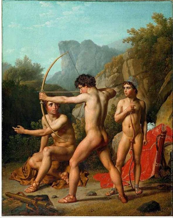 Three Spartan boys practicing archery