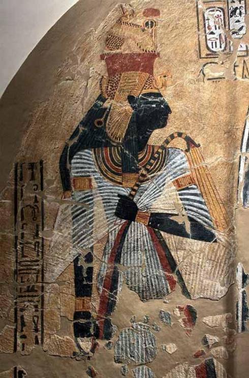 Painting from a tomb featuring the deified queen Ahmose-Nefertari who was the wife of Ahmose I, the first pharaoh of the Eighteenth Dynasty (and the New Kingdom period), and the son of Seqenenre the Brave.