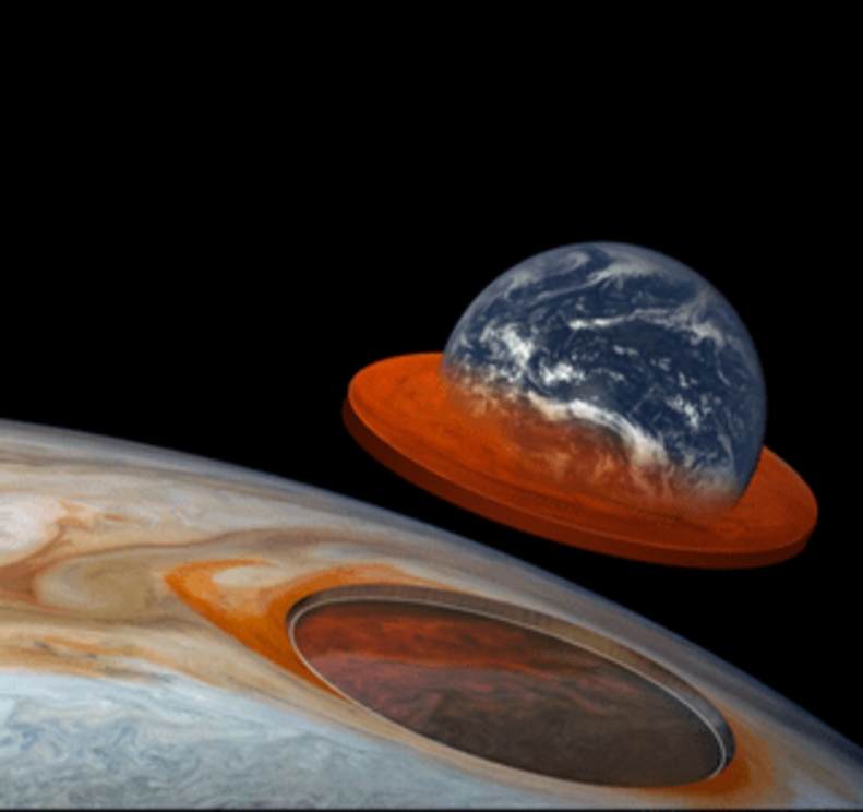 This image shows the overall size of the Great Red Spot in comparison to Earth.