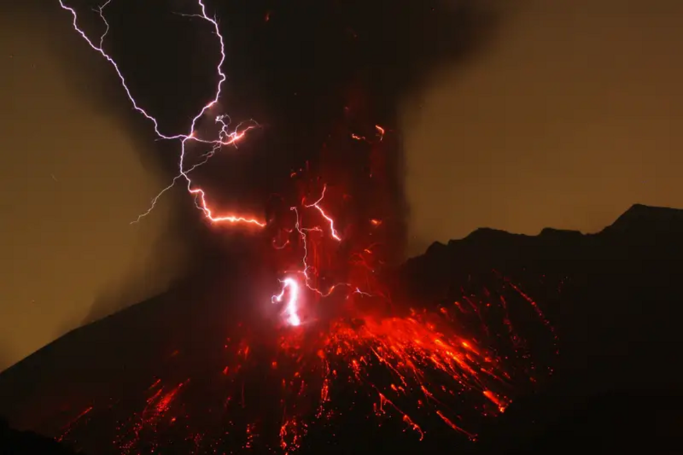 A display of volcanic lightning during an eruption of the Sakurajima volcano in Japan. 