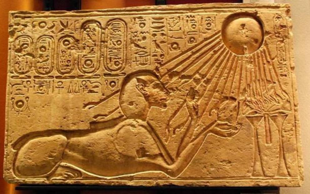 Akhenaten “bathing” in the solar light of Aten, the new god of ultimate stature in the radically unique Amarna period.