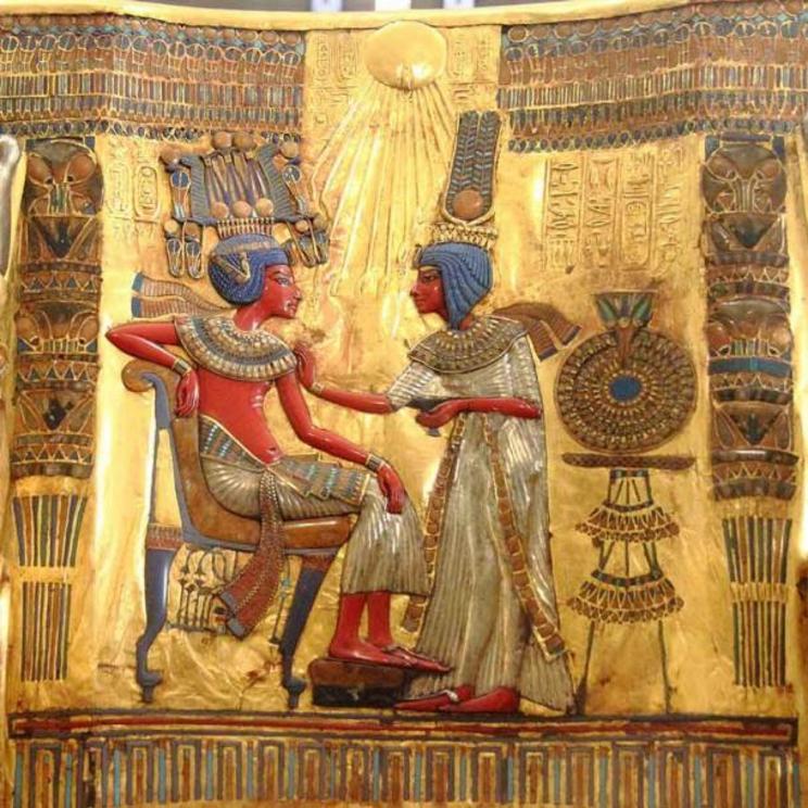 Aten depicted in art from the throne of Tutankhamun, which may have been originally made for Akhenaten himself.