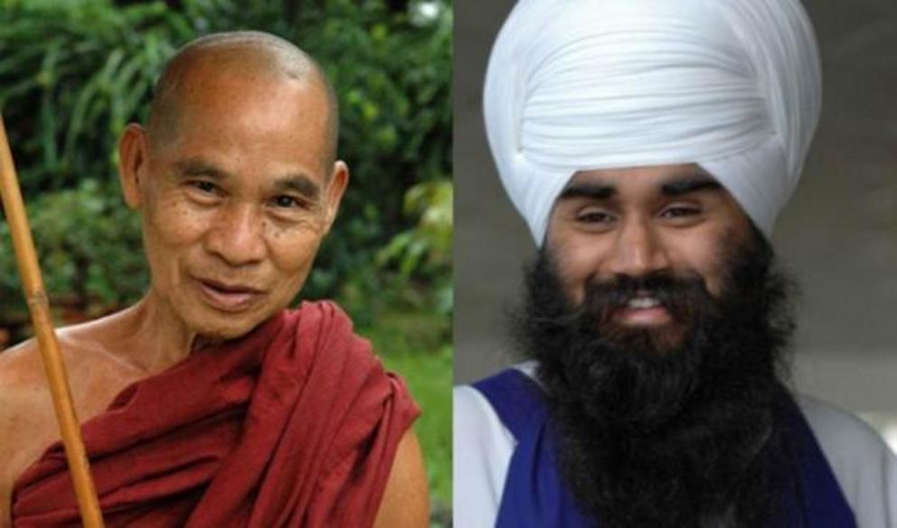 [Left] A Buddhist monk with a shaved head [Right] a Sikh man wears his long hair wrapped in a traditional turban.