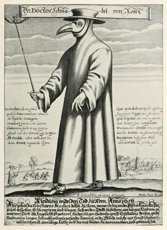 Copper engraving of a bubonic plague doctor from the 17th century. This is one of the most well-known representations in art of the Black Death.