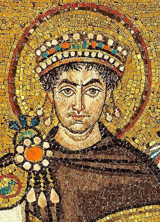 Detail of a contemporary portrait mosaic of Emperor Justinian I after whom the Plague of Justinian is named, in the Basilica of San Vitale, Ravenna.