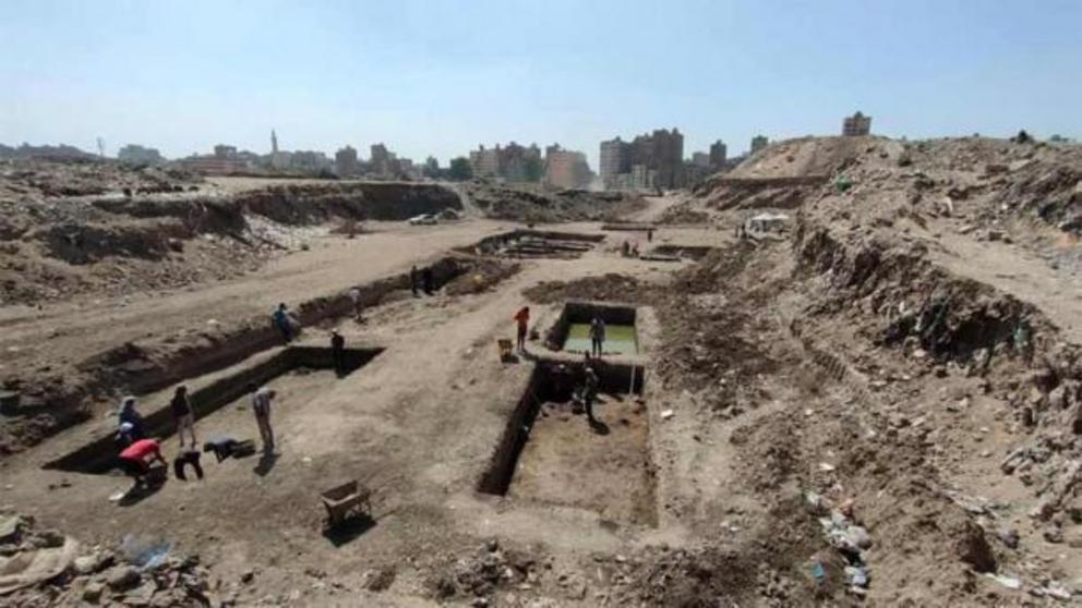 Excavation site where the Heliopolis Project unearthed the recent stone blocks in Cairo.