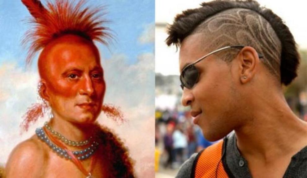 [Left] 1822 portrait of Sharitahrish, Pawnee chief with headdress and shaven hair. [Right] Modern Mohawk haircut with designs
