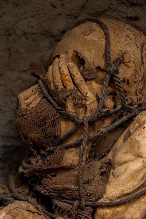 A closeup of the rope-bound mummy found at the Cajamarquilla archaeological site not far from Lima, Peru.