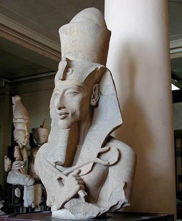 A colossal statue of Akhenaten from his Aten Temple at Karnak on display in the Egyptian Museum of Cairo.