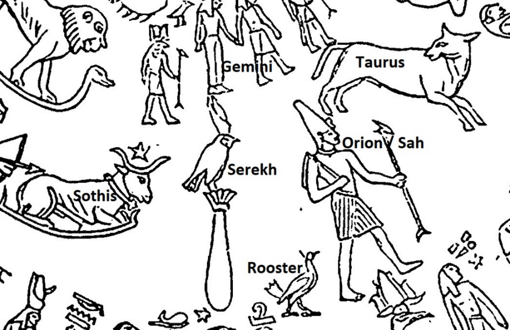 Figure 7: On the Dendera Zodiac, the striding Sah / Orion carries a “was scepter” and wears the White Crown of Upper Egypt.