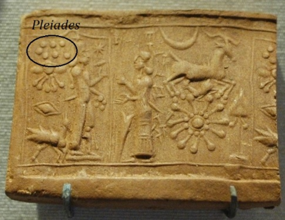 Figure 17: A Mesopotamian cylinder seal showing the cult worship of Shamash. The cluster of seven dots in the sky are the Pleiades or Sebettu.