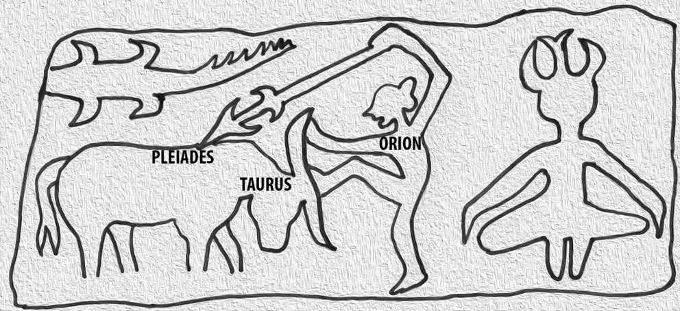 Figure 6: A sketch of Harappa molded tablet H95-2486, depicting Kartikeya killing Mahisha with his spear, in the presence of the seated yogi, Pashupati-Shiva. This is the legend of Orion, facing the charge of Taurus, the bull.