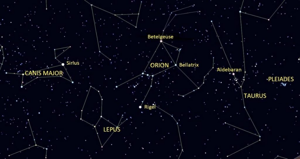 Figure 1: Orion and the neighboring constellations. Created using SkyChart software.