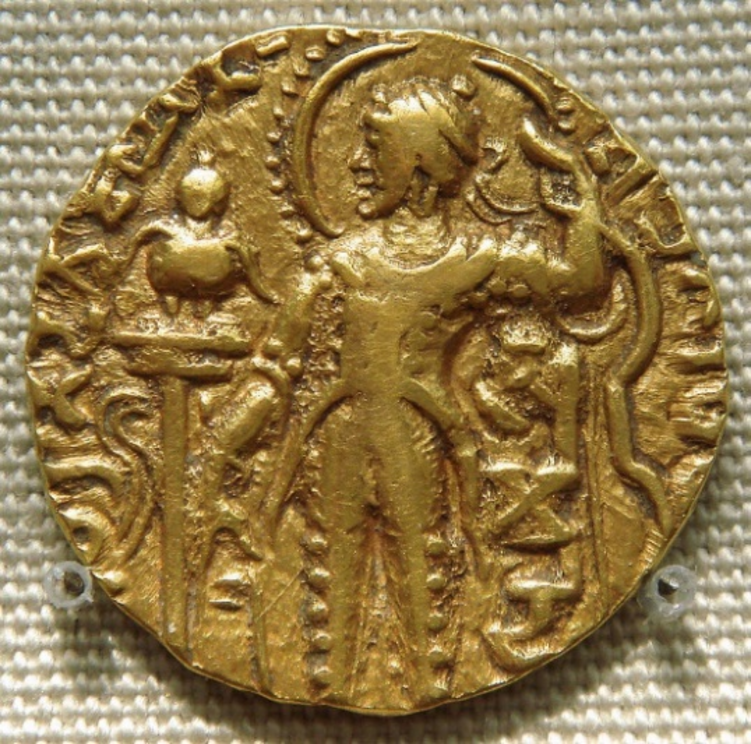 Figure 11: Garuda banner on a gold coin issued by Emperor Samudragupta (c.335-380 CE). The King is holding a bow in his hand. British Museum.