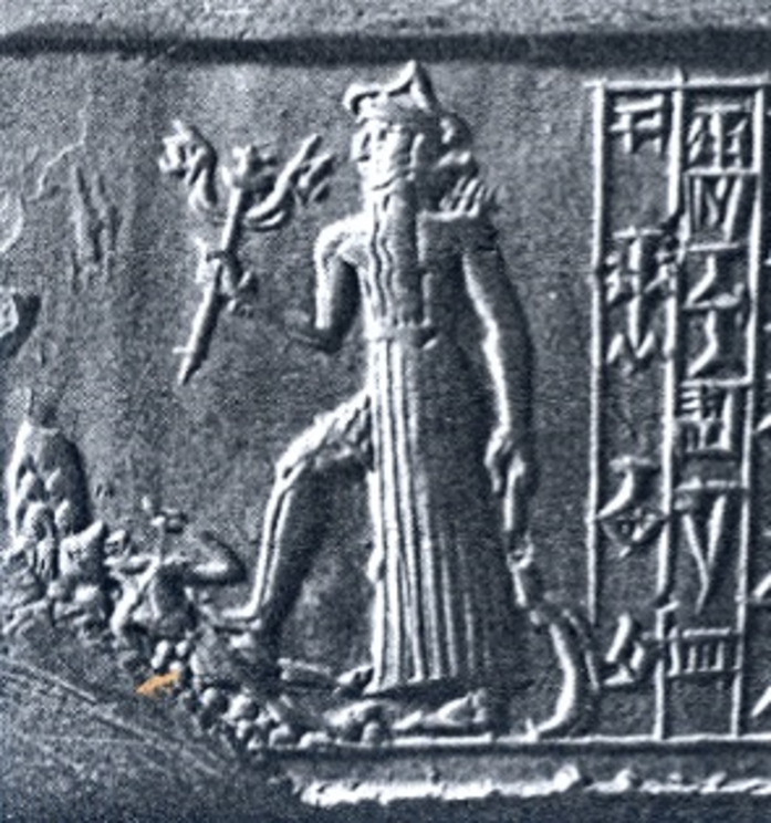 Figure 16: Nergal holding a double-lion mace and a scimitar. Fragment of an impression of seal from Larsa, 2nd millennium BCE, Baghdadi Museum.