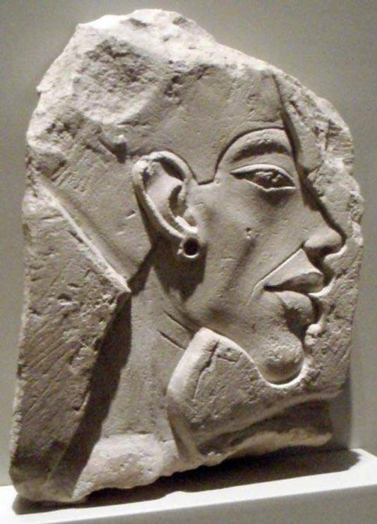 A relief portrait of Akhenaten from the Amarna period (circa 1345 BC) that reveals his unique facial features that seem almost 