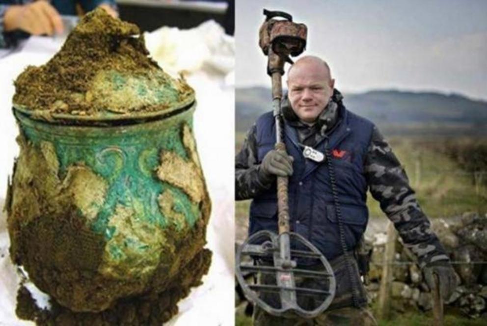 Left: Large silver alloy Carolingian vessel, which was part of the hoard. Right: Derek McLennan, the finder of the treasure hoard.