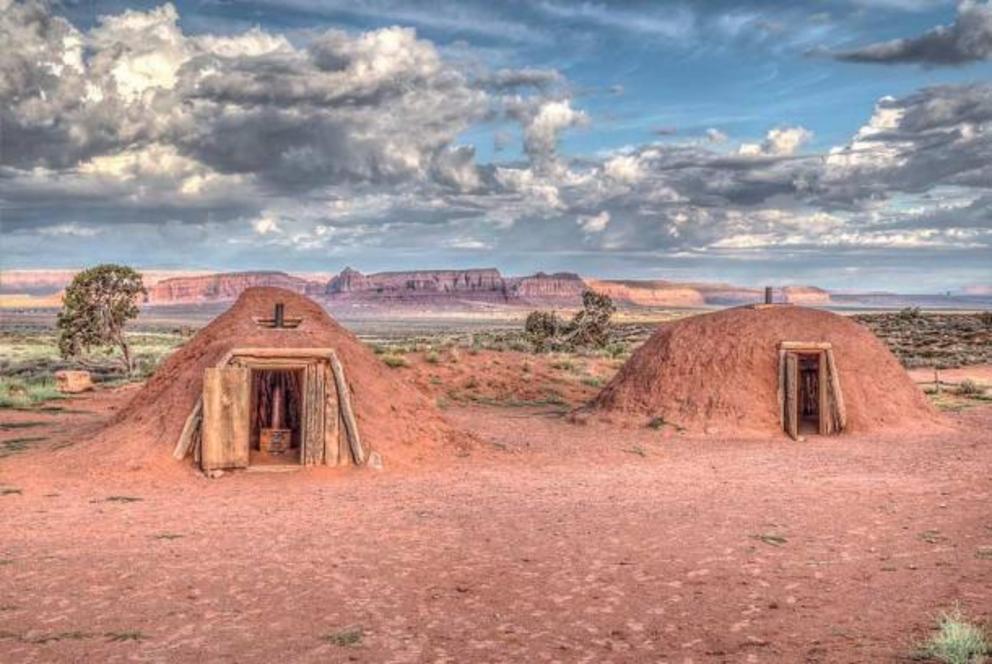 Ancient hogan dwellings at Monument Valley Navajo Tribal Park: a hogan is the primary, traditional dwelling of the Navajo people.