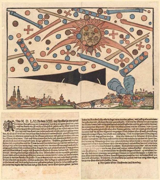 The celestial phenomenon over the German city of Nuremberg on April 14, 1561, as printed in an illustrated news notice in the same month.