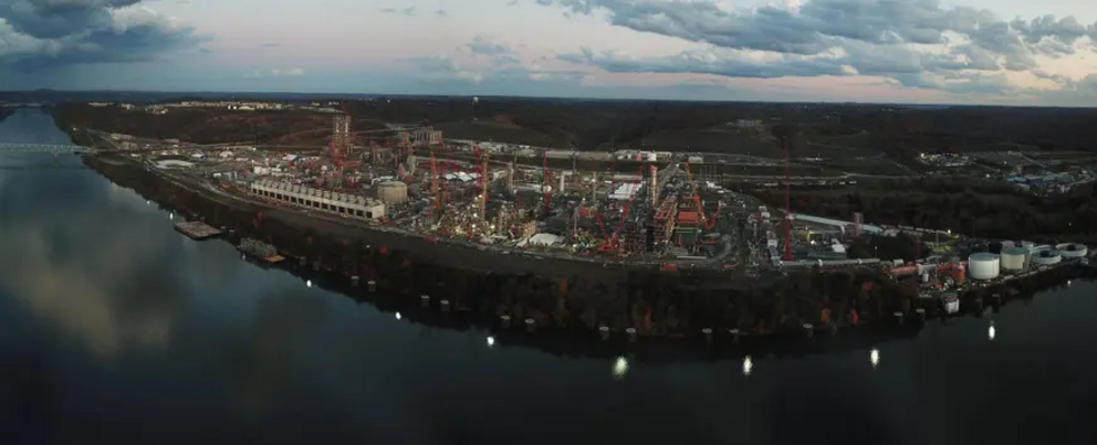 Construction site of the Shell ethane cracker in Beaver County, Pennsylvania, at night.