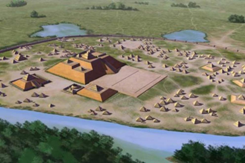 Artist’s conception of the Etowah site (9 BR 1), a Mississippian culture archaeological site located on the banks of the Etowah River in Bartow County, Georgia. Built and occupied in three phases, from 1000–1550 AD.